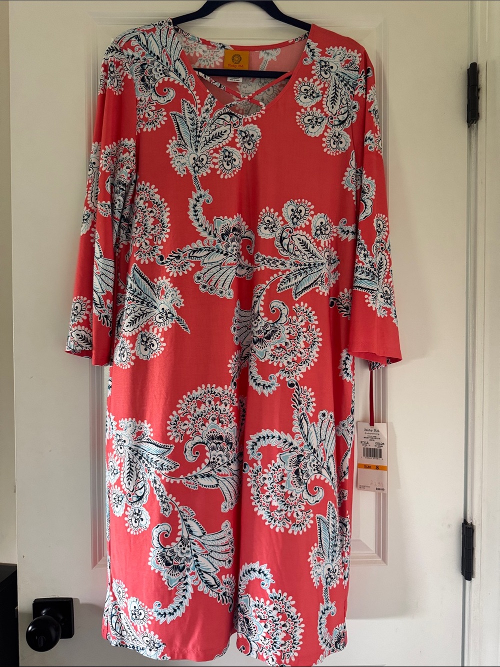 Ruby Rd. Coral Paisley Midi Dress with White and Navy Accents